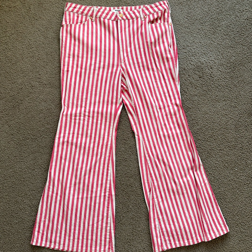 Women’s Wrangler Wanderer High Rise Red and White Candy Stripe Flared Jeans